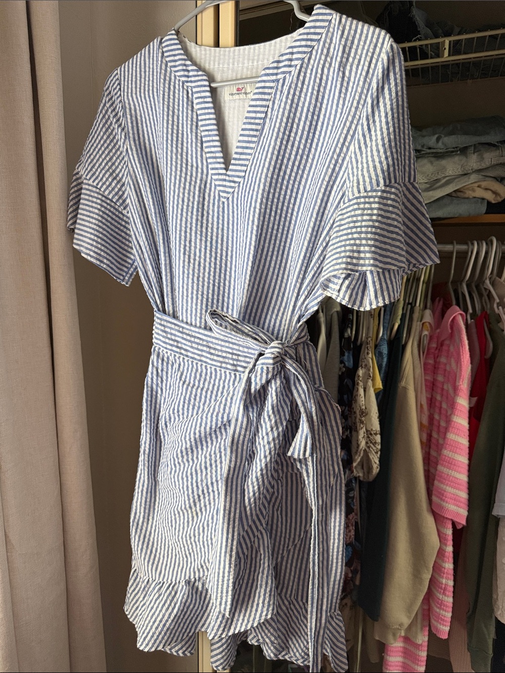 Vineyard Vines Blue and White Striped Mini Dress with Tie Waist